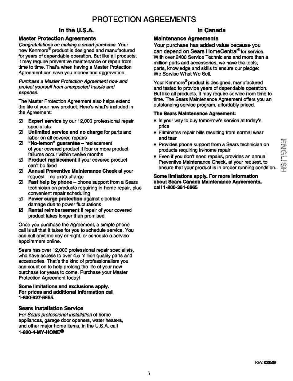 Protection agreements | Kenmore 790.9911. User Manual | Page 5 / 40