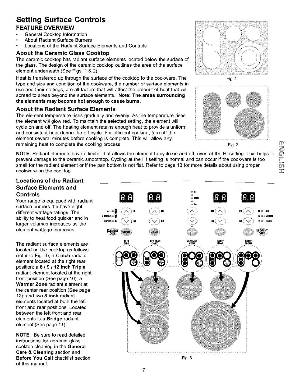 Feature overview, About the ceramic glass cooktop, About the radiant surface eiements | Setting surface controls | Kenmore 790.9911. User Manual | Page 7 / 40