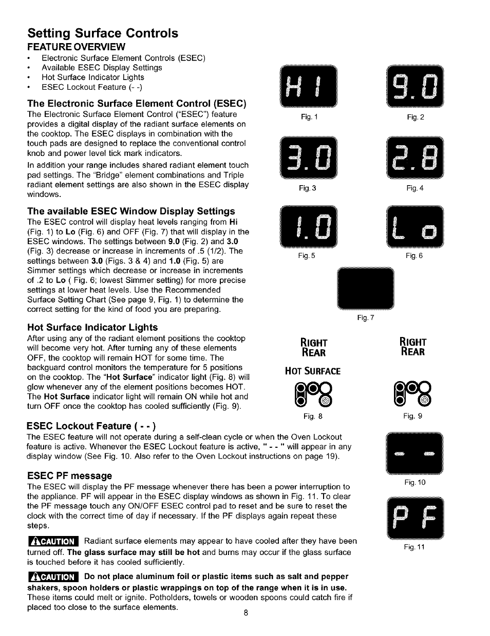 Feature overview, The electronic surface element control (esec), The available esec window display settings | Hot surface indicator lights, Esec lockout feature (- -), Esec pf message, Setting surface controls | Kenmore 790.9911. User Manual | Page 8 / 40