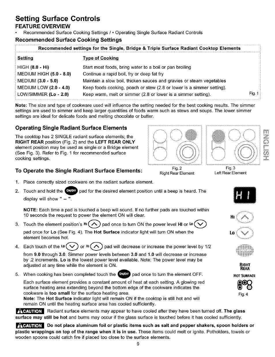 Setting surface controls, Feature overview, Recommended surface cooking settings | Operating single radiant surface elements, To operate the single radiant surface elements | Kenmore 790.9911. User Manual | Page 9 / 40