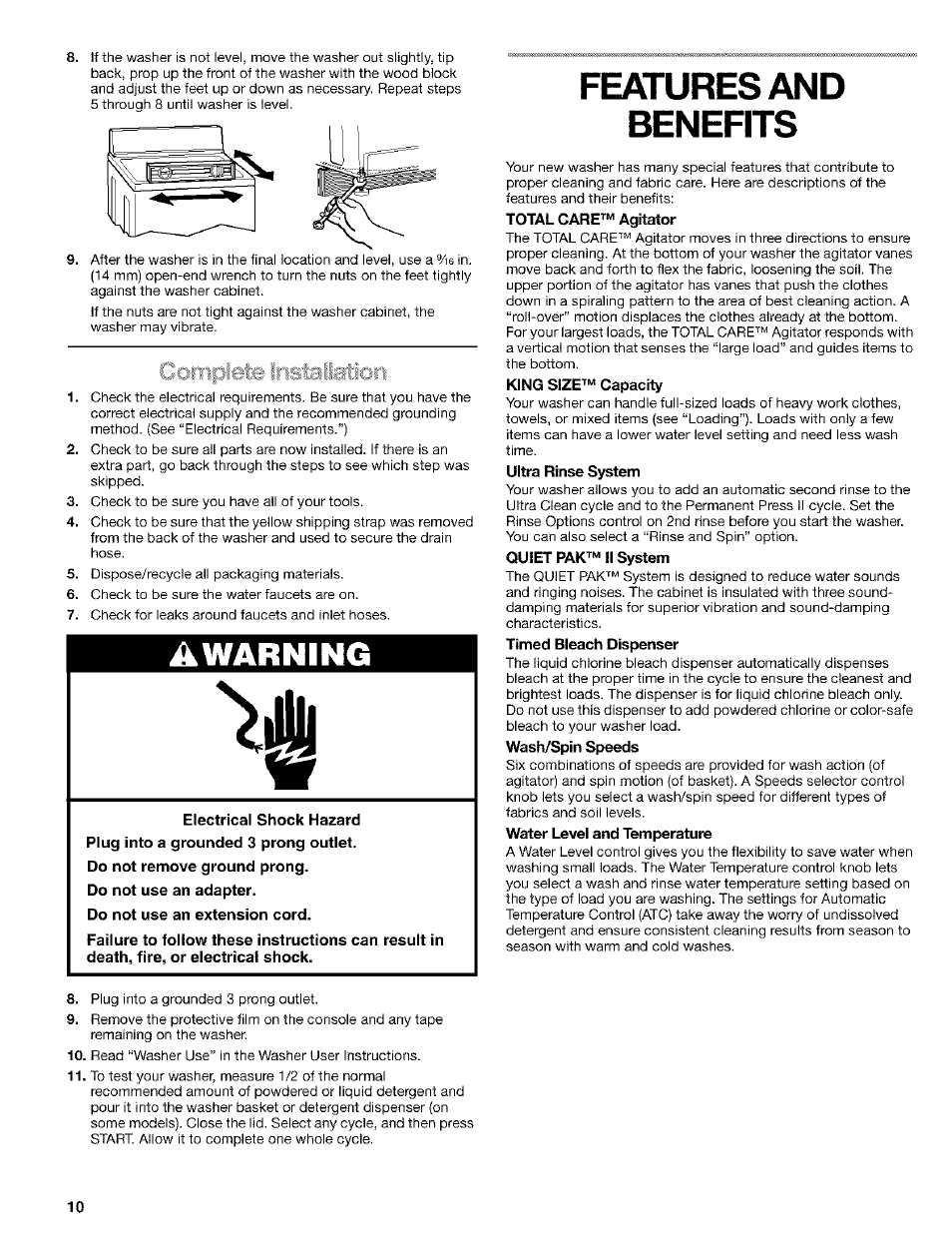 Features and, Benefits, Total care™ agitator | King size™ capacity, Ultra rinse system, Quiet pak™ ii system, Timed bleach dispenser, Wash/spin speeds, Water level and temperature, Awarning | Kenmore 8526119A User Manual | Page 10 / 19
