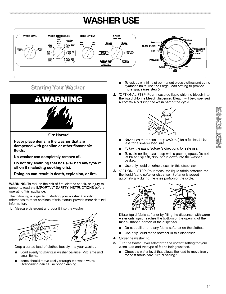 Washer use, Fire hazard, No washer can completely remove oil | Doing so can result in death, explosion, or fire, Awarning | Kenmore 8526119A User Manual | Page 11 / 19