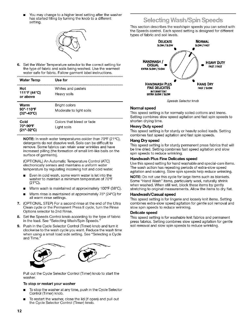 Heavy duty, Normal speed, Heavy duty speed | Hang dry speed, Handwash plus fine délicates speed, Handwash/casual speed, Delicate speed | Kenmore 8526119A User Manual | Page 12 / 19