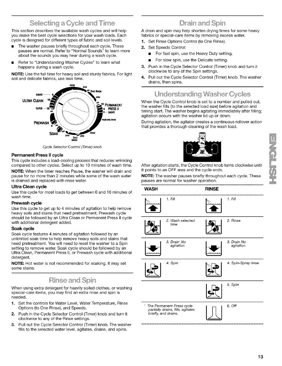 Permanent press !l cycle, Ultra clean cycle, Prewash cycle | Soak cycle, Wash, Rìnse, I»elecifig a yycle and i ¡me, Hinse anci ^pin | Kenmore 8526119A User Manual | Page 13 / 19
