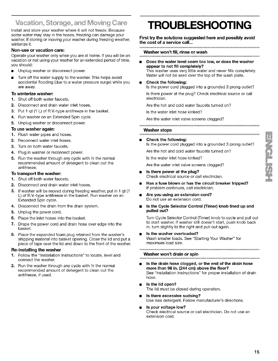 Non-use or vacation care, To winterize washer, To use washer again | To transport the washer, Re-installing the washer, Troubleshooting, Washer won’t fill, rinse or wash, Washer stops, Washer won’t drain or spin | Kenmore 8526119A User Manual | Page 15 / 19