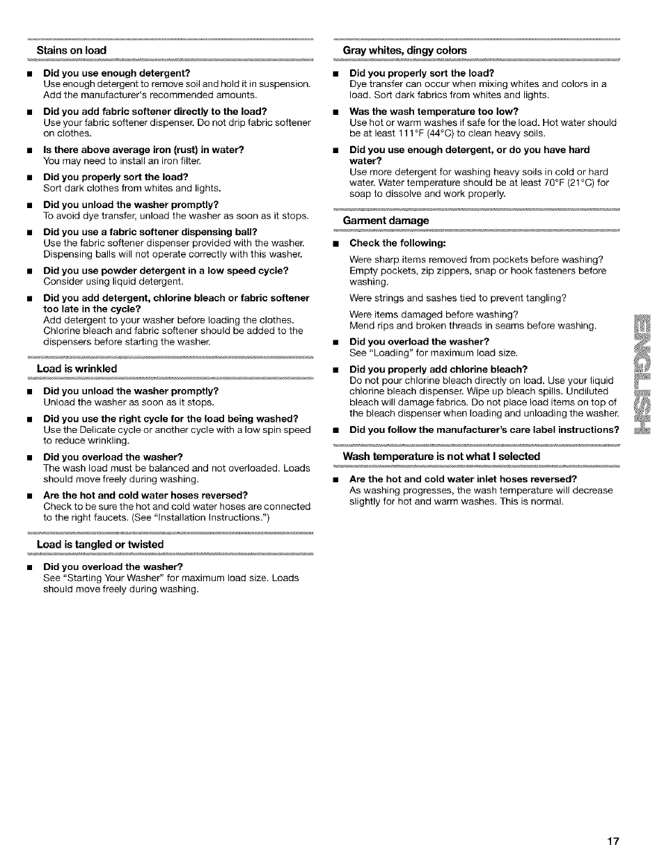 Load is wrinkled, Garment damage, Wash temperature is not what i selected | Load is tangled or twisted | Kenmore 8526119A User Manual | Page 17 / 19