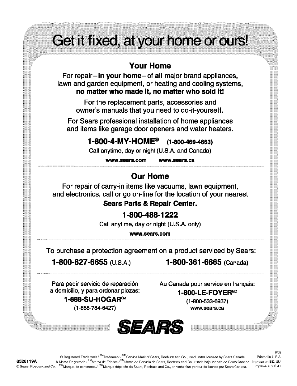 Your home, Our home | Kenmore 8526119A User Manual | Page 19 / 19