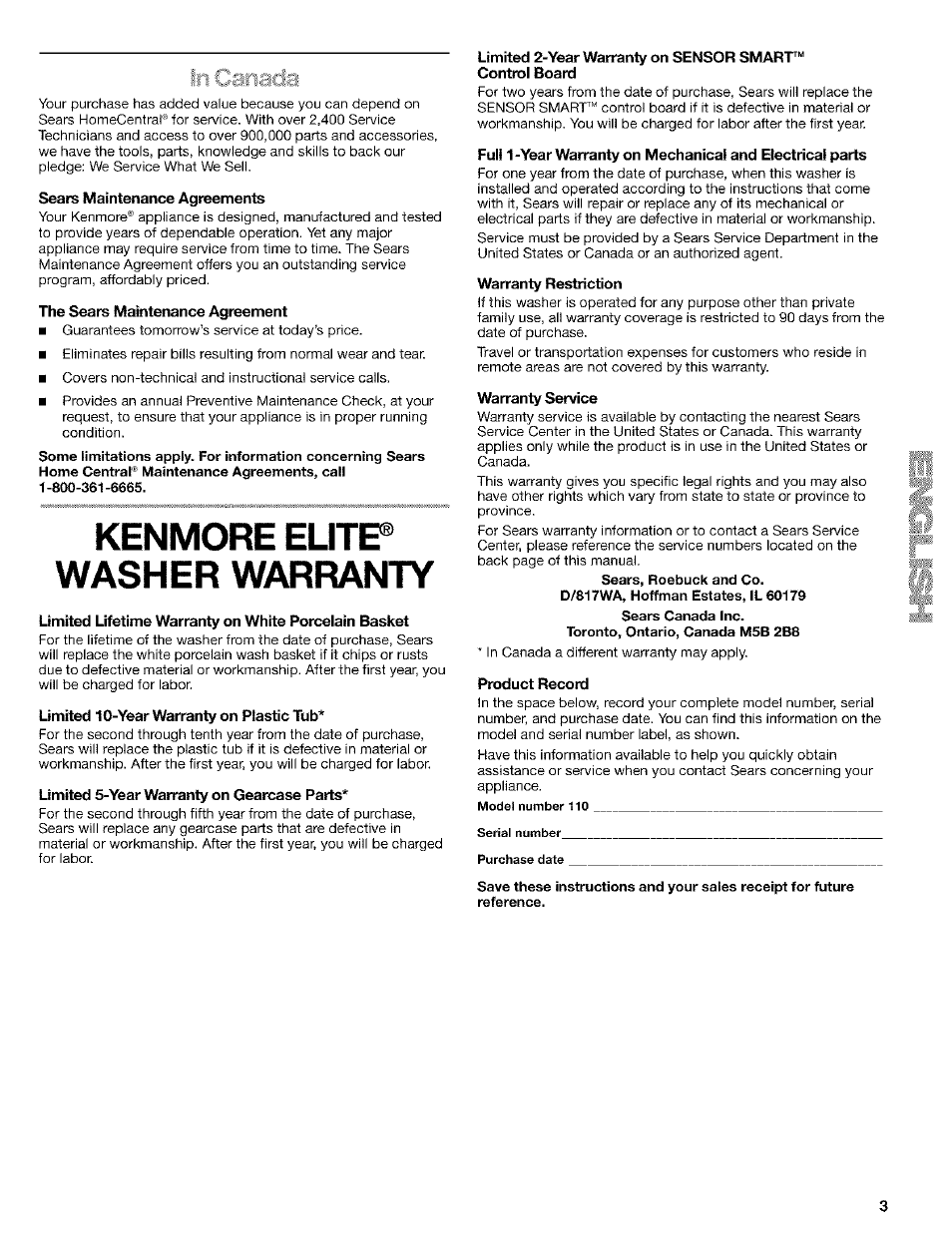 Sears maintenance agreemente, The sears maintenance agreement, Kenmore elitp washer warranty | Limited 10-year warranty on plastic tub, Limited 5-year warranty on gearcase parts, Limited 2-year warranty on sensor smart, Control board, Warranty restriction, Warranty service, Product record | Kenmore 8526119A User Manual | Page 3 / 19