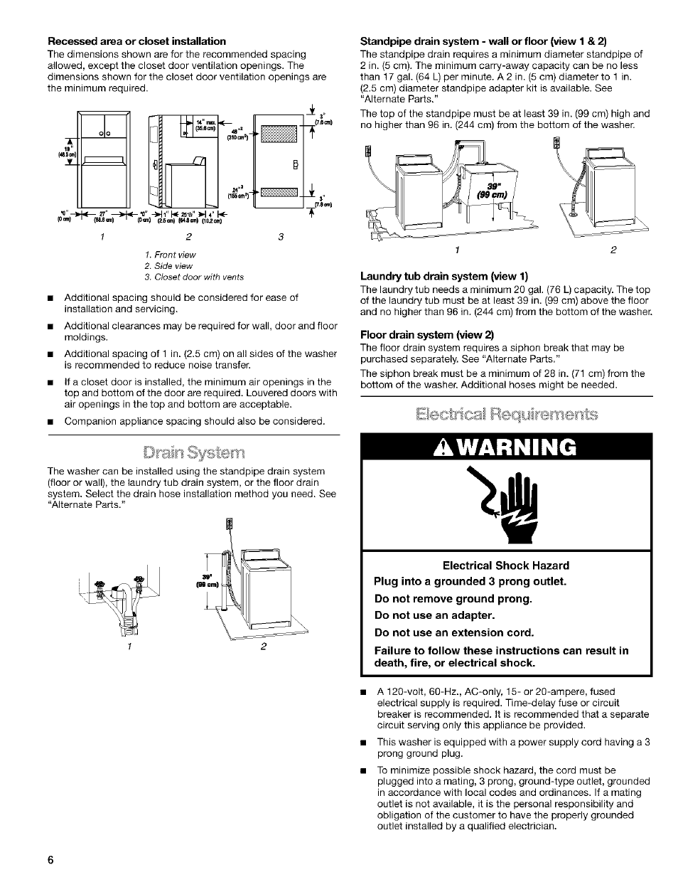 Recessed area or closet installation, Standpipe drain system - wall or floor (wew 1 & 2), Laundry tub drain system (view 1) | Floor drain system (wew 2), Do not remove ground prong, Do not use an adapter, Do not use an extension cord, Awarning | Kenmore 8526119A User Manual | Page 6 / 19