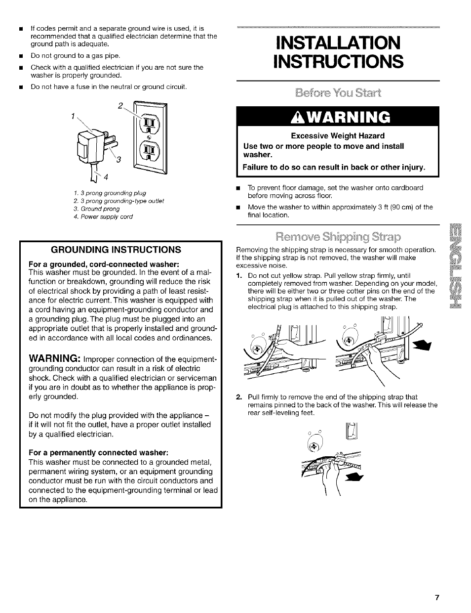 Installation, Instructions, Grounding instructions | For a grounded, cord-connected washer, For a permanently connected washer, Awarning, Installation instructions, Warning | Kenmore 8526119A User Manual | Page 7 / 19