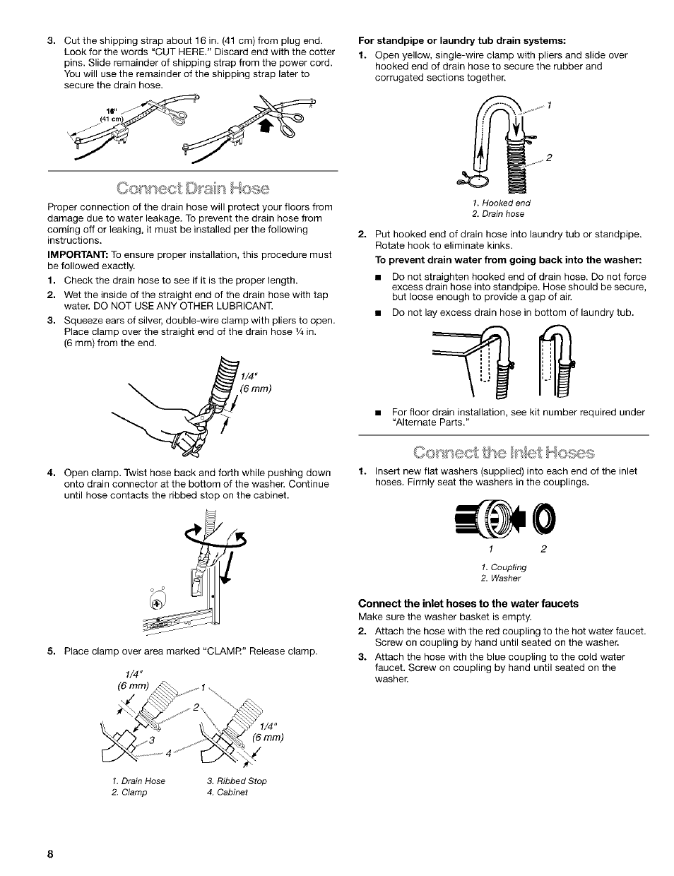 Connect the inlet hoses to the water faucets, Connect lie inlet hoses | Kenmore 8526119A User Manual | Page 8 / 19