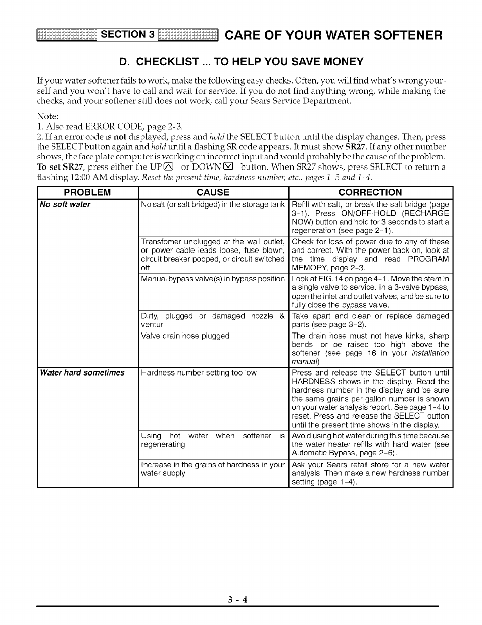 D. checklist ... to help you save money, Care of your water softener, Problem cause correction | Installation manual) | Kenmore 625.3882 User Manual | Page 19 / 36