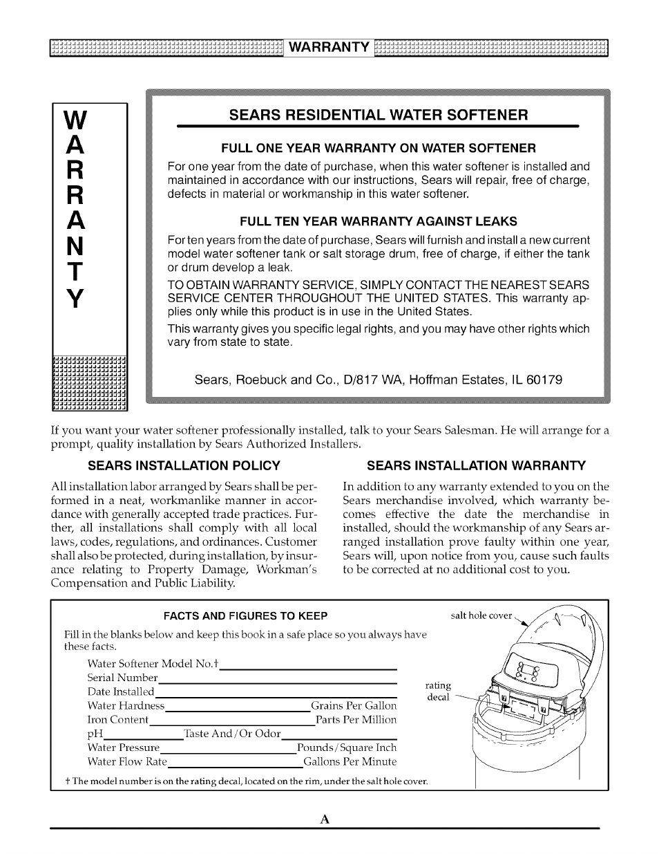 Warranty a, Sears residential water softener, Full one year warranty on water softener | Full ten year warranty against leaks, Sears installation policy, Facts and figures to keep, Sears installation warranty | Kenmore 625.3882 User Manual | Page 2 / 36