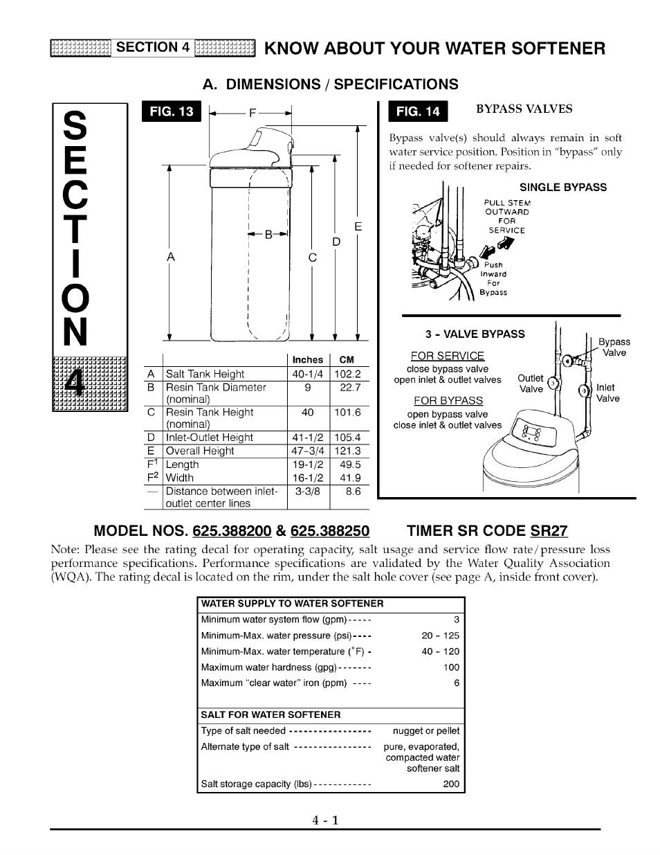 Section 4, Know about your water softener, Bypass valves | 3 - valve bypass, Pii^ei^sions, Fig. 13, Specifications | Kenmore 625.3882 User Manual | Page 20 / 36