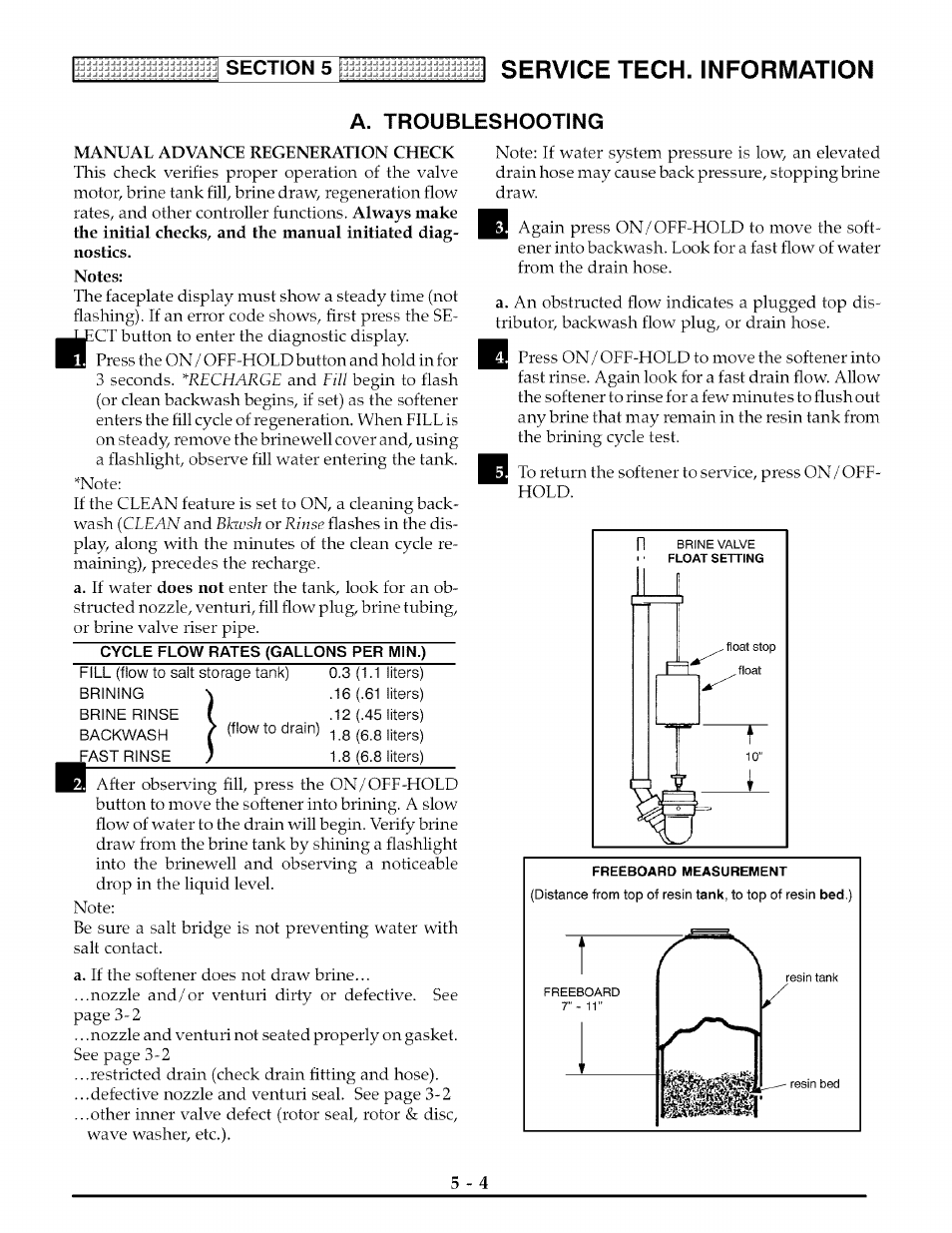 Manual advance regeneration check, Cycle flow rates (gallons per min.), Service tech. information | Bleshooting | Kenmore 625.3882 User Manual | Page 25 / 36