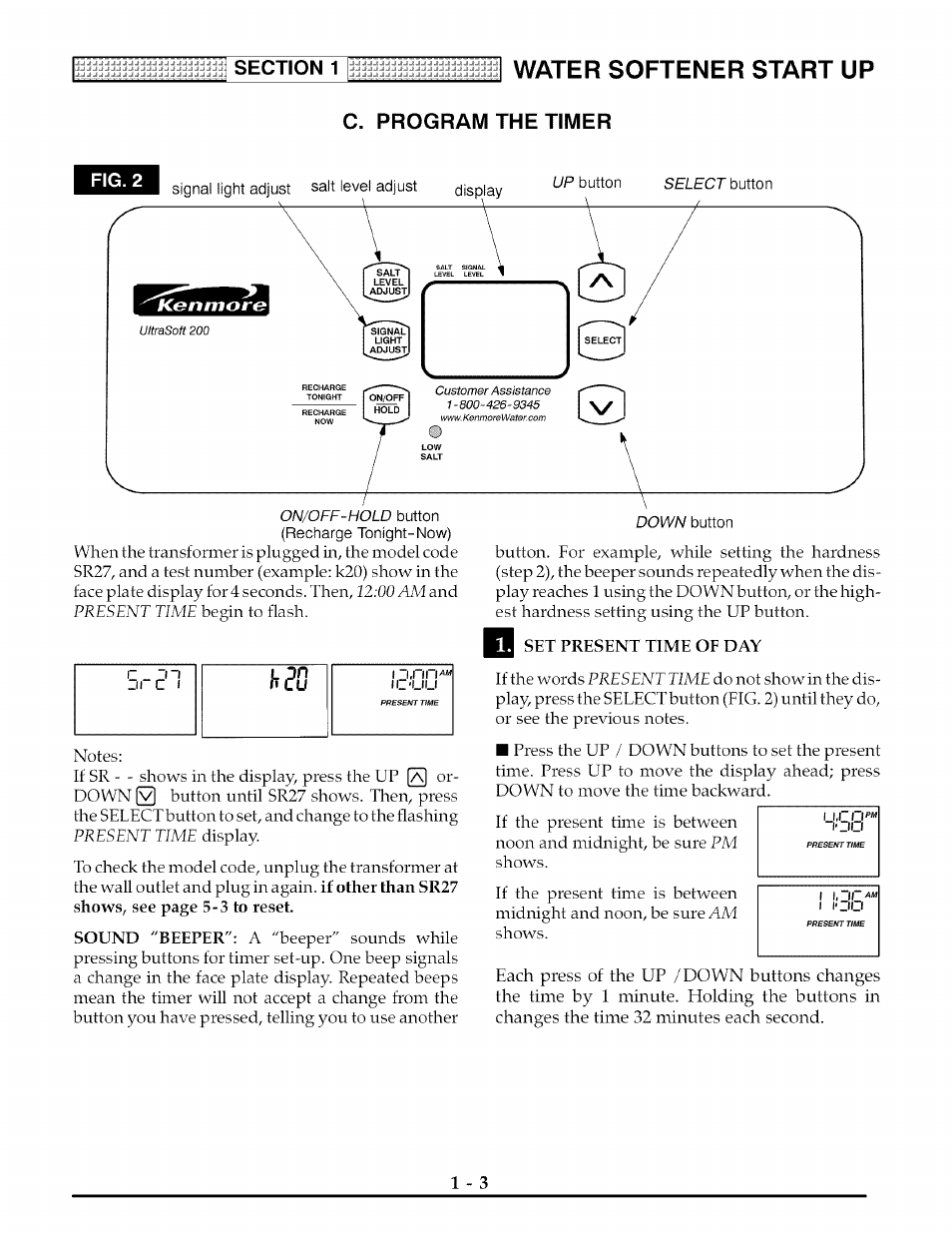 Fig. 2, Set present time of day, Water softener start up | The timer, Program | Kenmore 625.3882 User Manual | Page 6 / 36