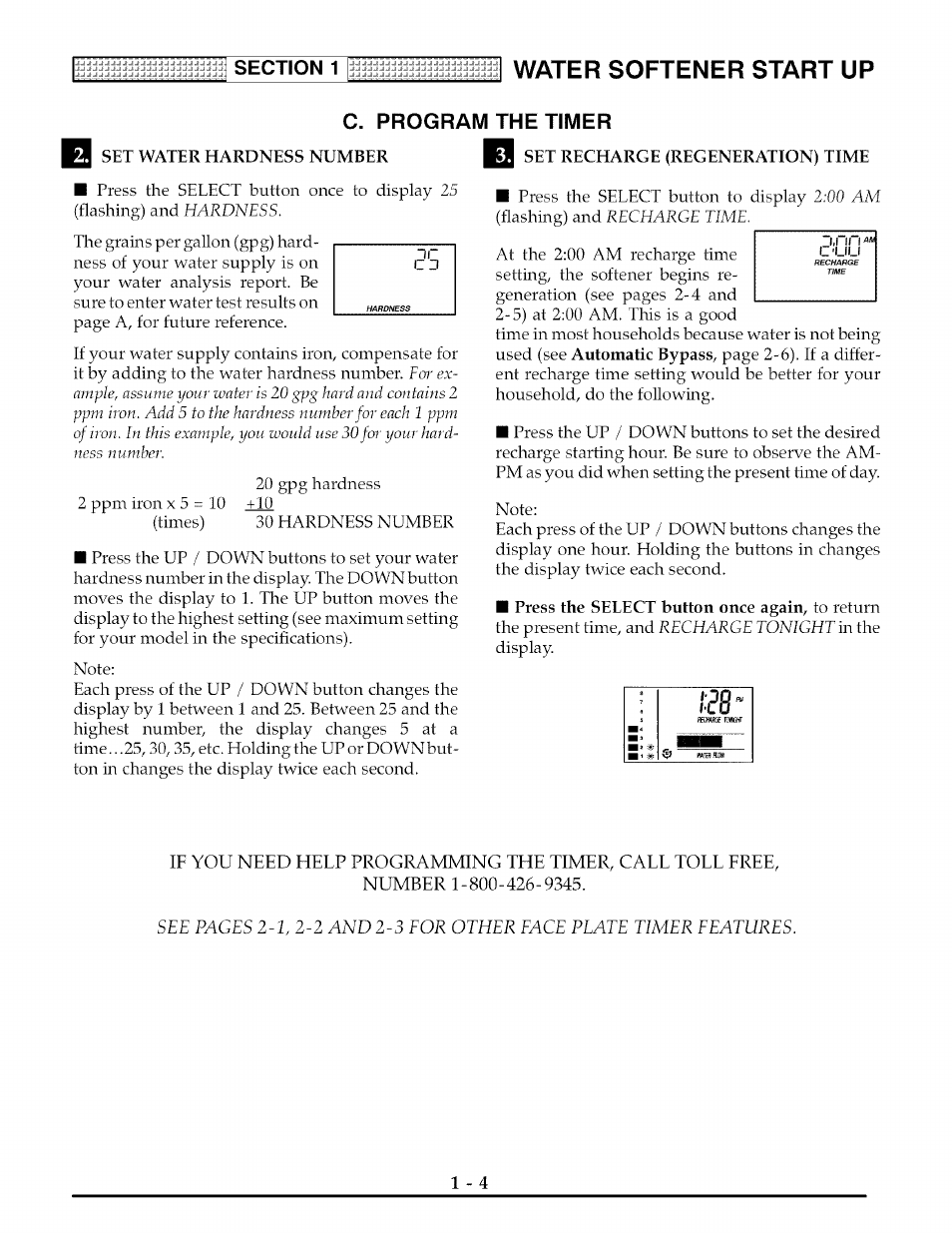 Set water hardness number, Q set recharge (regeneration) time, Water softener start up | The timer, Program | Kenmore 625.3882 User Manual | Page 7 / 36