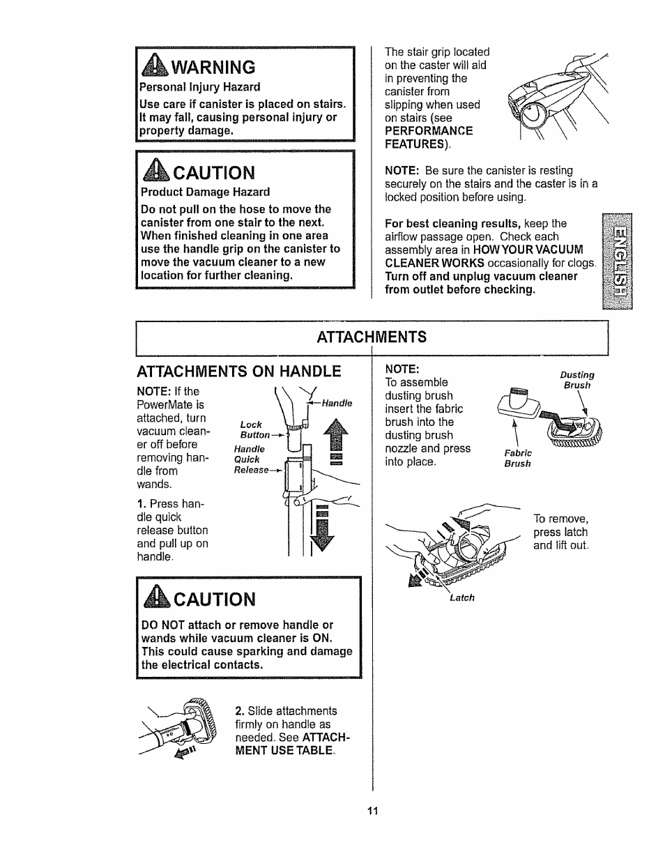 Caution, Attachments, Attachments on handle | A caution, A warning, Attachments attachments on handle | Kenmore 116.28615 User Manual | Page 11 / 44