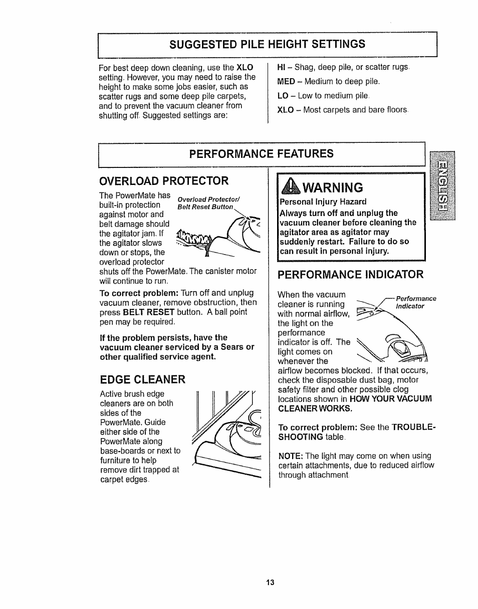 Suggested pile height settings, Performance features, Overload protector | Edge cleaner, Warning, Performance indicator | Kenmore 116.28615 User Manual | Page 13 / 44