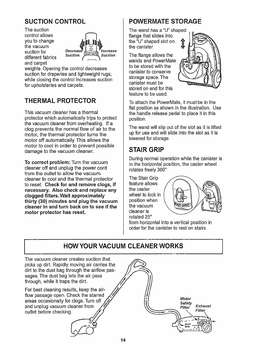 Suction control, Thermal protector, Powermate storage | Stair grip | Kenmore 116.28615 User Manual | Page 14 / 44