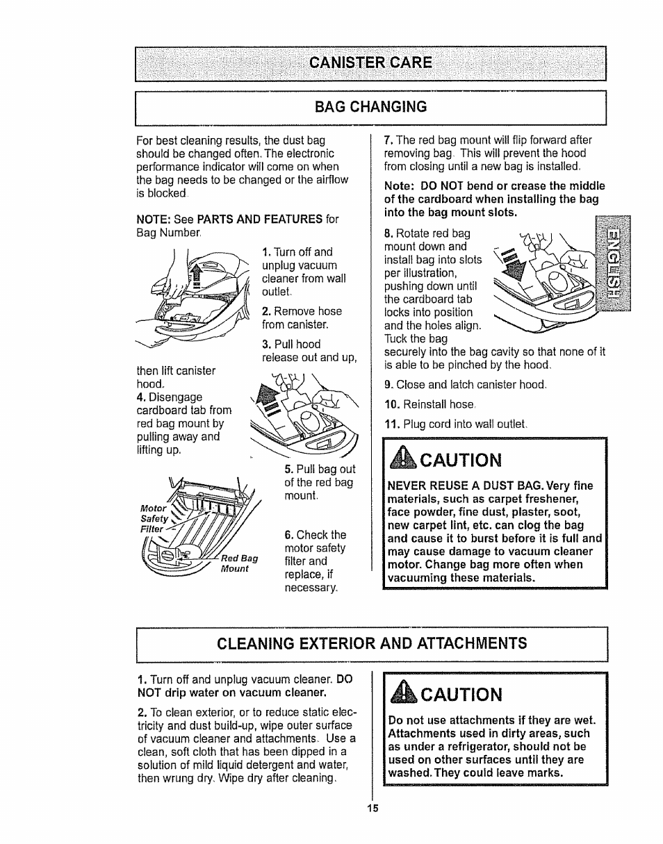 Canister care, Bag changing, Cleaning exterior and attachwents | Caution, Canister care bag changing | Kenmore 116.28615 User Manual | Page 15 / 44