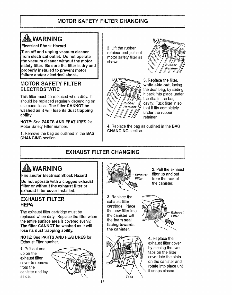 Motor safety filter changing, Motor safety filter electrostatic, Exhaust filter changing | A warning, Exhaust filter hepa, Electrostatic, Motor safety filter, Warning | Kenmore 116.28615 User Manual | Page 16 / 44