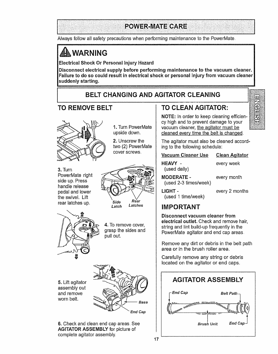 Power-mate care, Warning, Belt changing and agitator cleaning | To remove belt, To clean agitator, Important | Kenmore 116.28615 User Manual | Page 17 / 44