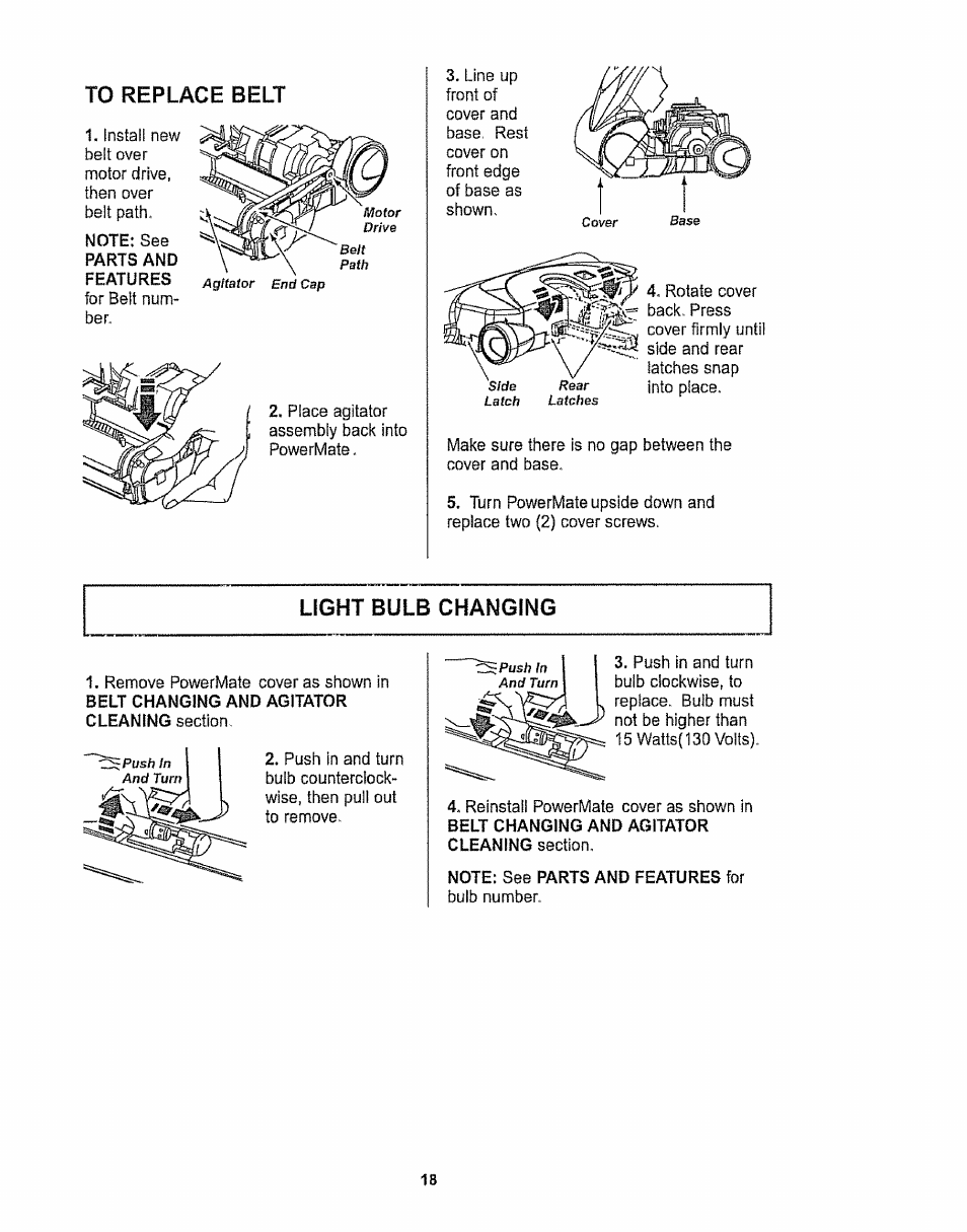 To replace belt, Light bulb changing | Kenmore 116.28615 User Manual | Page 18 / 44