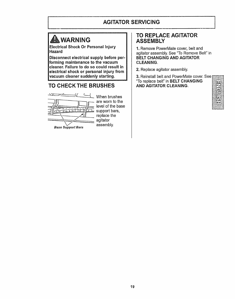 Agiwor servicing, Warning, To replace agitator assembly | Kenmore 116.28615 User Manual | Page 19 / 44