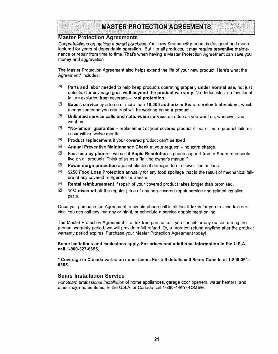 Master protection agreements, Sears installation service | Kenmore 116.28615 User Manual | Page 21 / 44