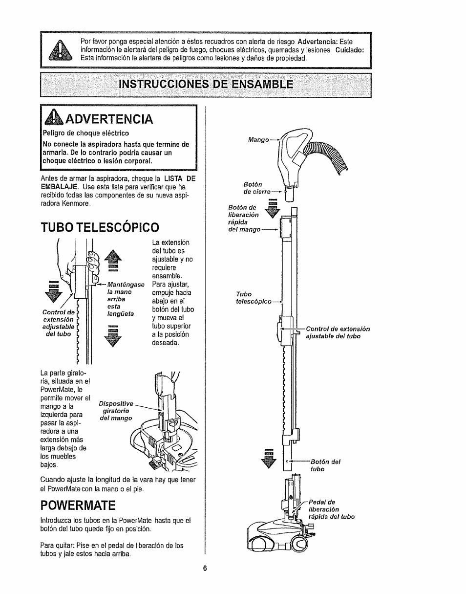 Tubo telescópico, Powermate, A advertencia | Kenmore 116.28615 User Manual | Page 28 / 44