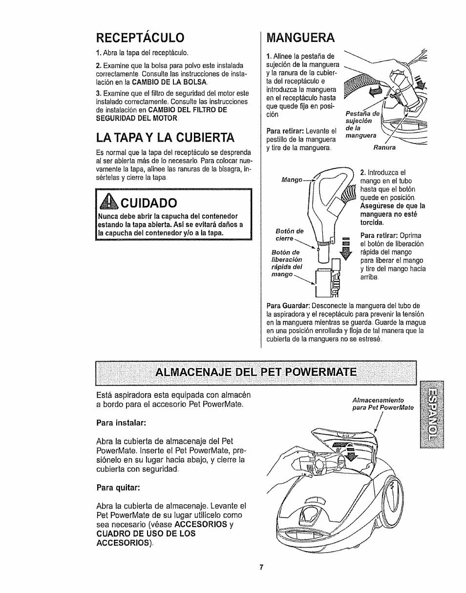 Receptaculo, La tapa y la cubierta, Cuidado | Manguera | Kenmore 116.28615 User Manual | Page 29 / 44