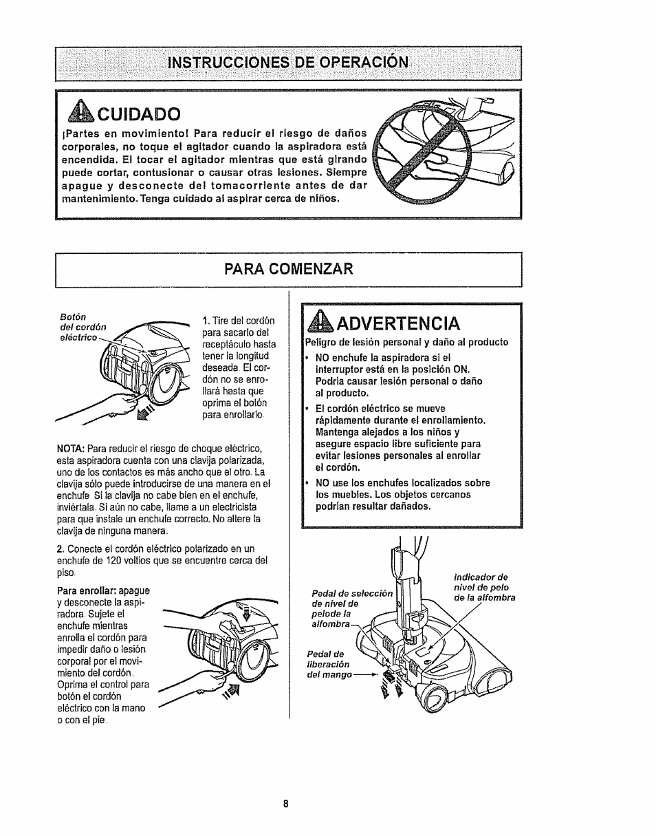 Para comenzar, Instrucciones de operacion, Cuidado | Advertencia | Kenmore 116.28615 User Manual | Page 30 / 44