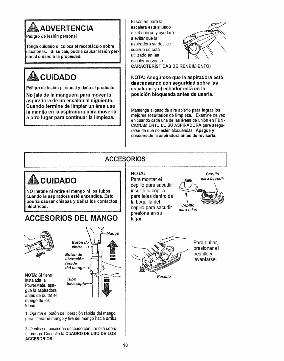 A cuidado, Accesorios, Accesorios del mango | Cuidado | Kenmore 116.28615 User Manual | Page 32 / 44