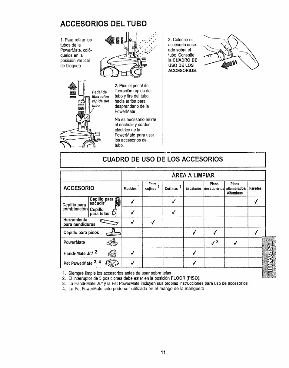 Accesorios del tubo, Cuadro de uso de los accesorios, Área a limpiar accesorio | Kenmore 116.28615 User Manual | Page 33 / 44