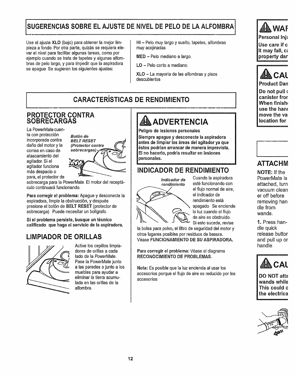 Protector contra sobrecargas, Limpiador de orillas, Indicador de rendimiento | A cai, Attachm, Ac at, Advertencia | Kenmore 116.28615 User Manual | Page 34 / 44