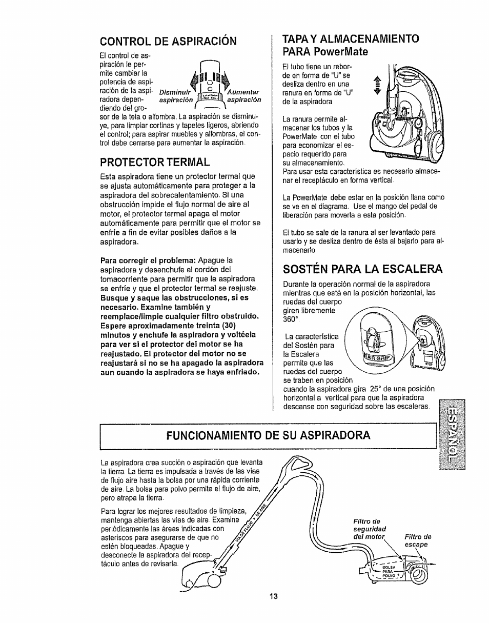 Control de aspiracion, Protector termal, Taray almacenamiento para powermate | Sostén para la escalera | Kenmore 116.28615 User Manual | Page 35 / 44