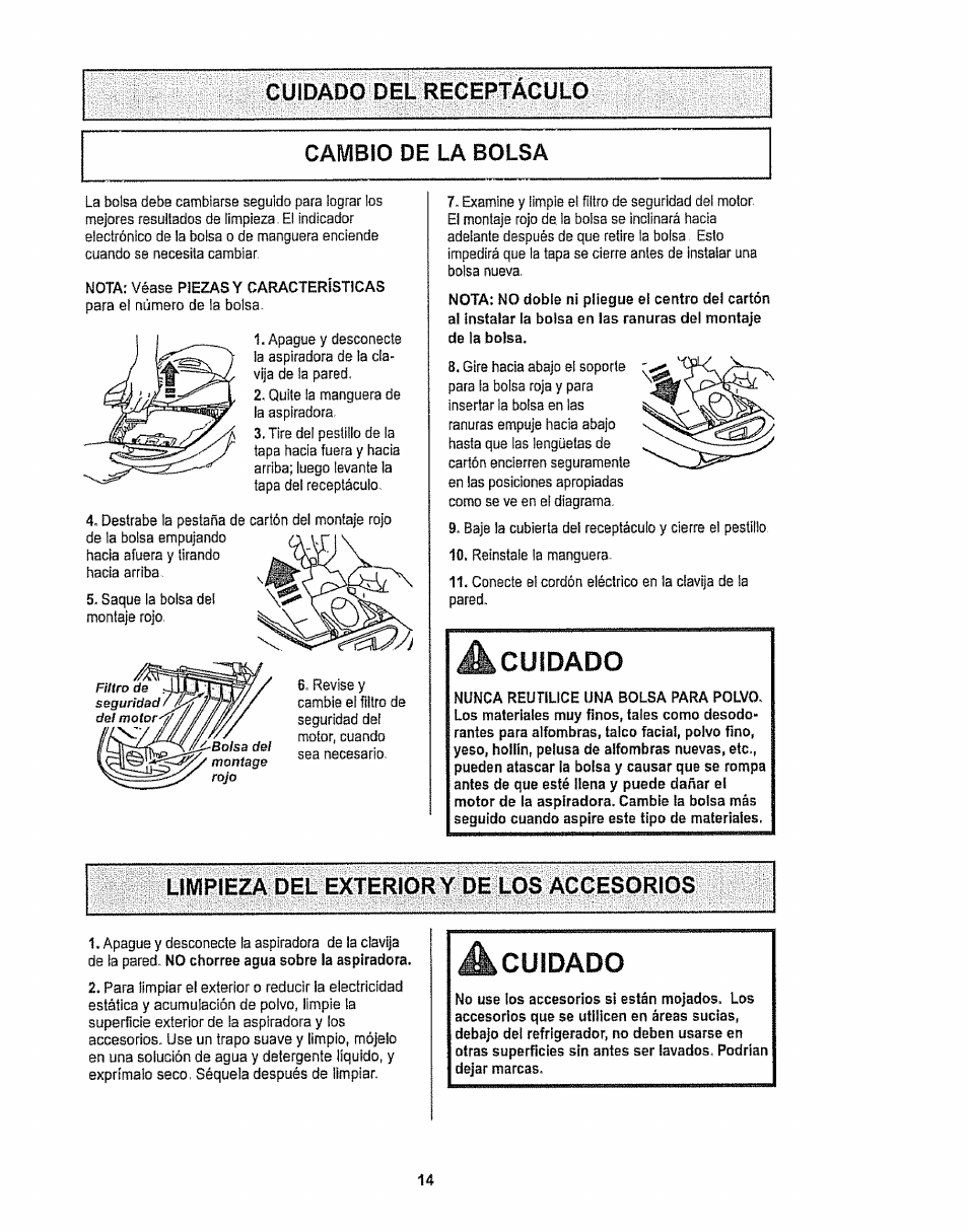 Cambio de la bolsa, Limpieza del exterior y de los accesorios, Cuidado | Cuidado del receptaculo cambio de la bolsa | Kenmore 116.28615 User Manual | Page 36 / 44