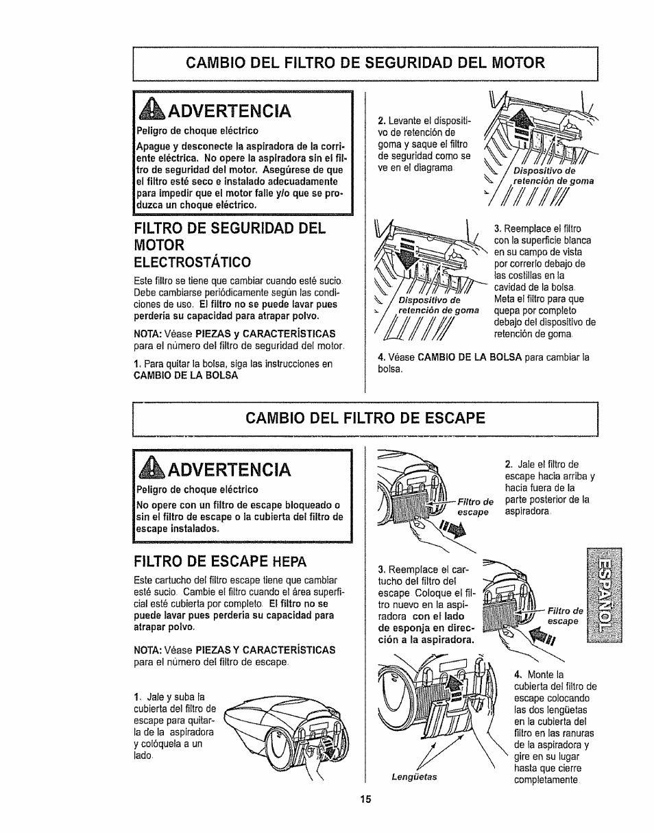 Filtro de seguridad del motor, Filtro de escape hepa, Advertencia | Kenmore 116.28615 User Manual | Page 37 / 44