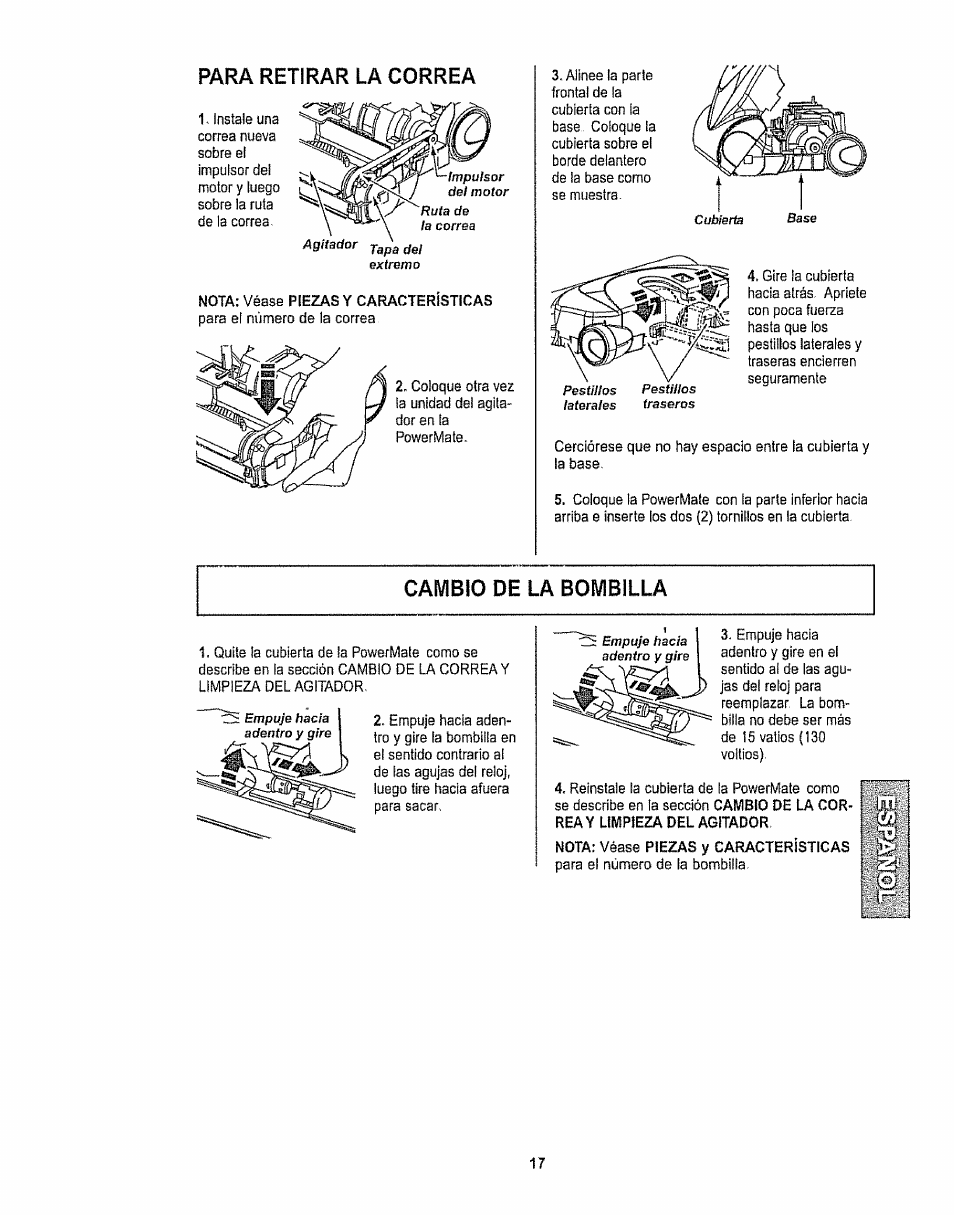 Para retirar la correa, Cambio de la bombilla | Kenmore 116.28615 User Manual | Page 39 / 44