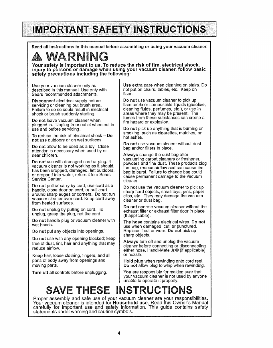 Save these instructions, A warning | Kenmore 116.28615 User Manual | Page 4 / 44