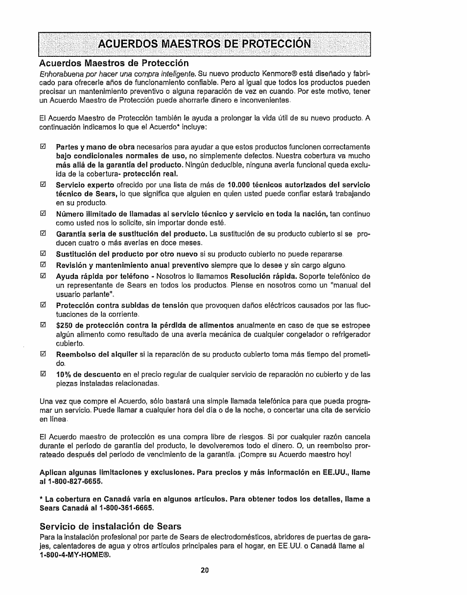 Acuerdos maestros de proteccion, Acuerdos maestros de protección, Servicio de instalación de sears | Kenmore 116.28615 User Manual | Page 42 / 44