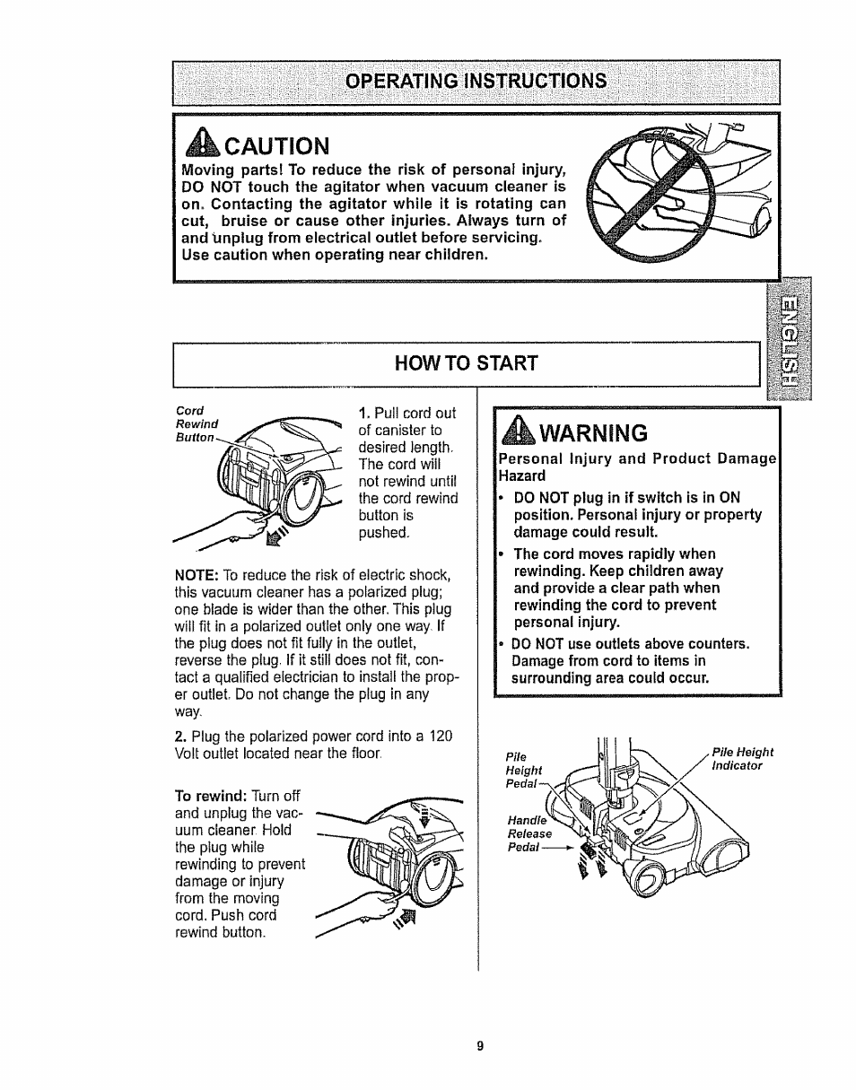 A caution, Howto start, A warning | Warning, Operating instructions | Kenmore 116.28615 User Manual | Page 9 / 44