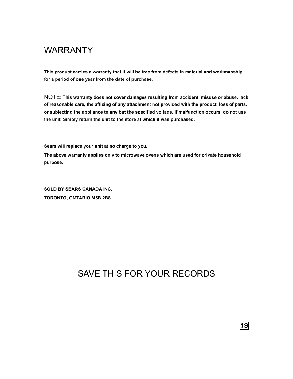 Warranty, Save this for your records | Kenmore 87090 User Manual | Page 14 / 14