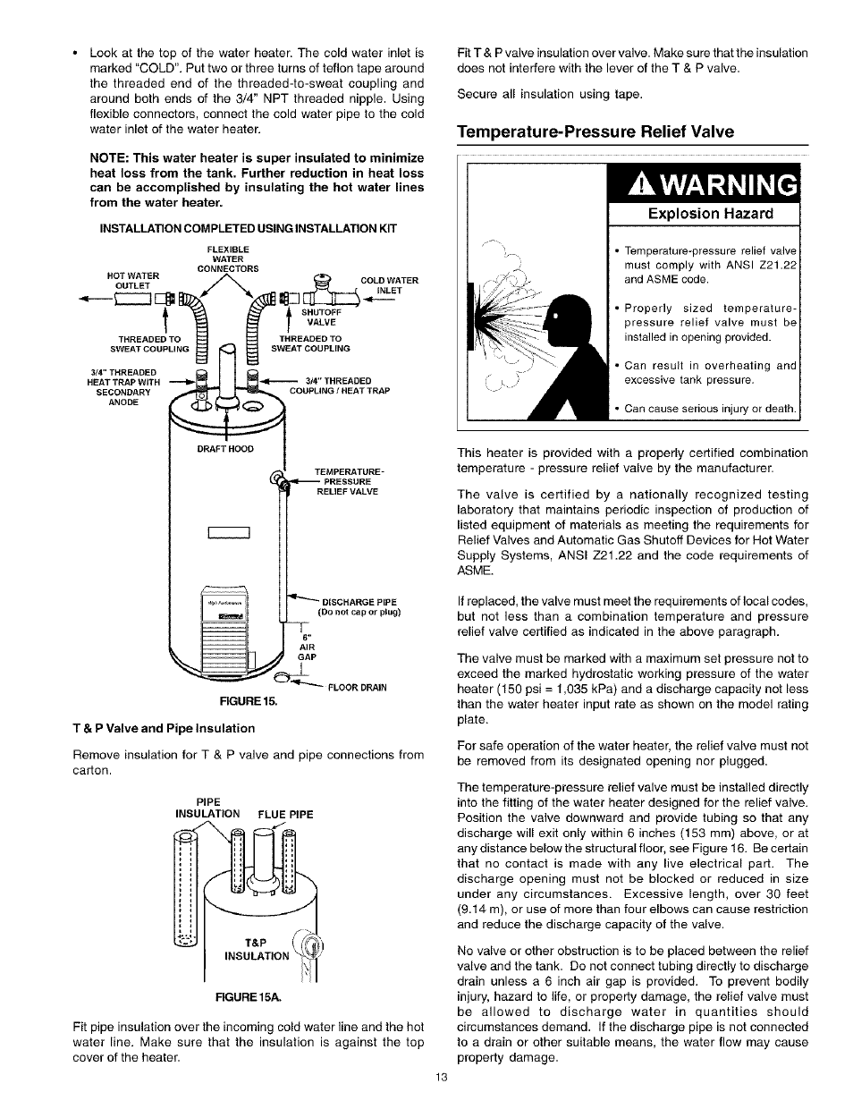 Warning, Temperature-pressure relief valve | Kenmore Power Miser 12 153.331413 HA User Manual | Page 13 / 28