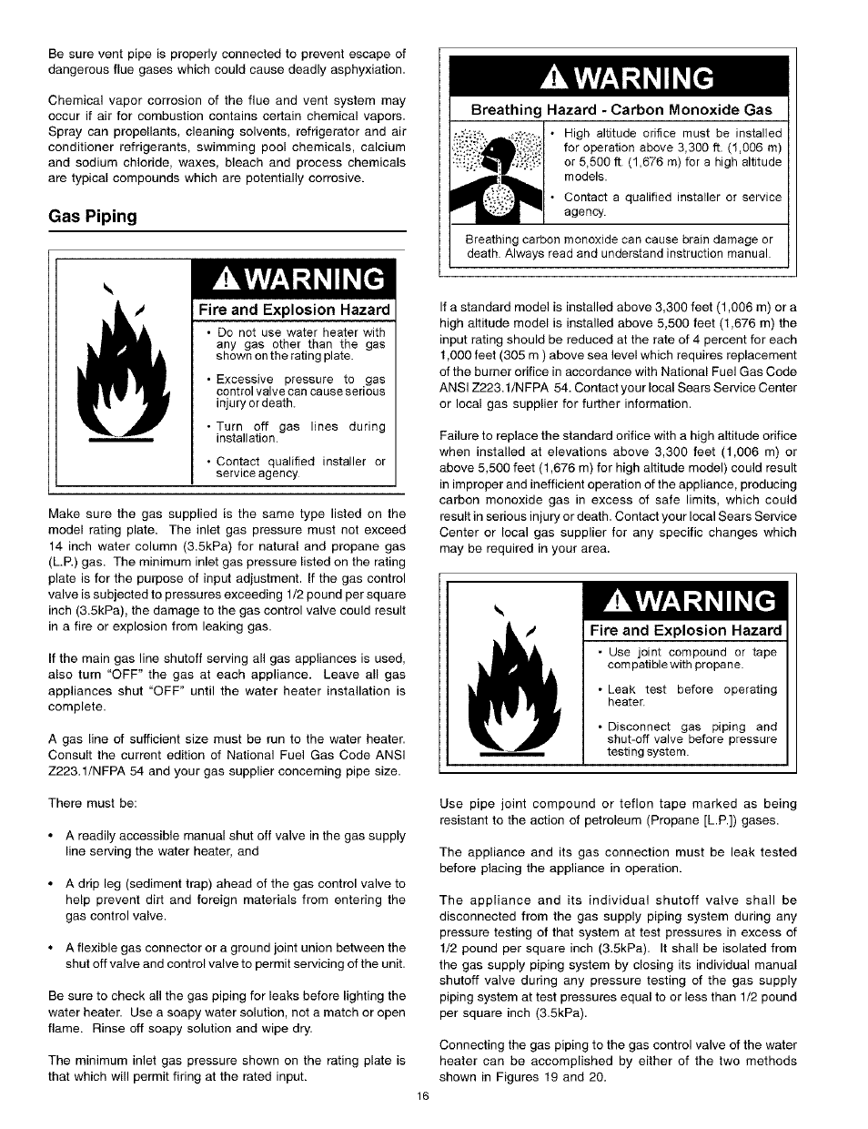 Gas piping, A warning, Breathing hazard - cartoon monoxide gas | Fire and explosion hazard, Gas piping -16, Awarning, Warning | Kenmore Power Miser 12 153.331413 HA User Manual | Page 16 / 28