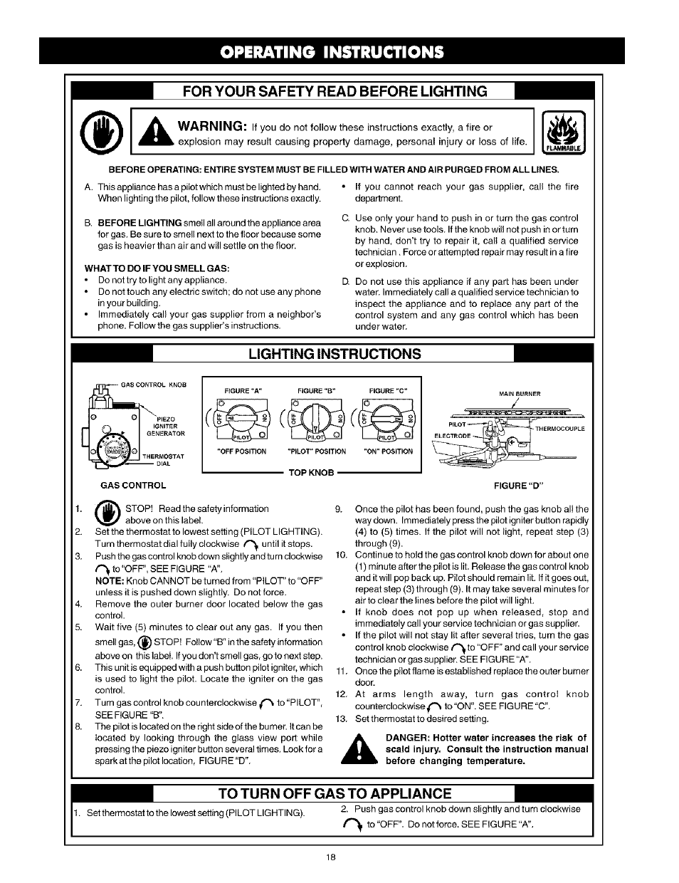 For your safety read before lighting, Lighting instructions, To turn off gas to appliance | Operating instructions -19, Operating instructions, For your safety read before lighting warning | Kenmore Power Miser 12 153.331413 HA User Manual | Page 18 / 28