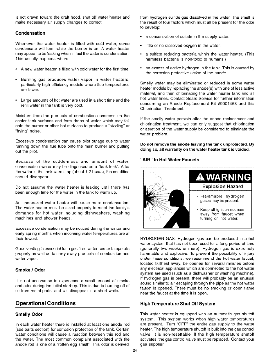 Condensation, Smoke / odor, Operational conditions | Smelly odor, Air” in hot water faucets, High temperature shut off system, Condensation smoke/odor, Operational conditions -25, Air in hot water faucets, High temperature shut-off system | Kenmore Power Miser 12 153.331413 HA User Manual | Page 24 / 28