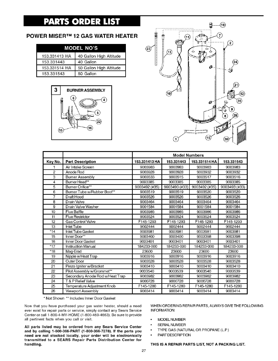 Parts order list, Power miser™ 12 gas water heater | Kenmore Power Miser 12 153.331413 HA User Manual | Page 27 / 28