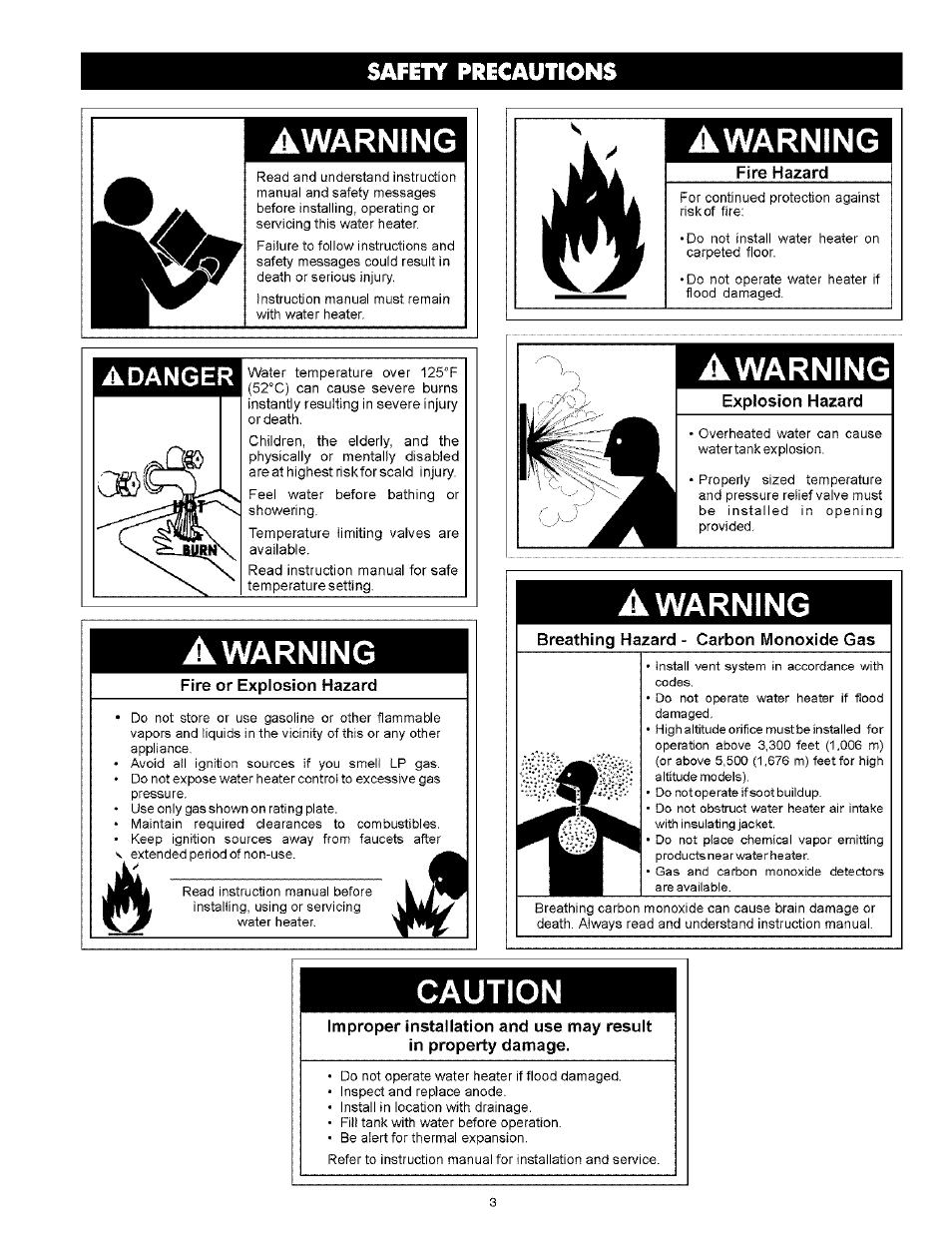 Awarning, Adânger, Fire or explosion hazard | Fire hazard, Warning, Explosion hazard, Breathing hazard - carbon monoxide gas, Caution, Safety precautions | Kenmore Power Miser 12 153.331413 HA User Manual | Page 3 / 28